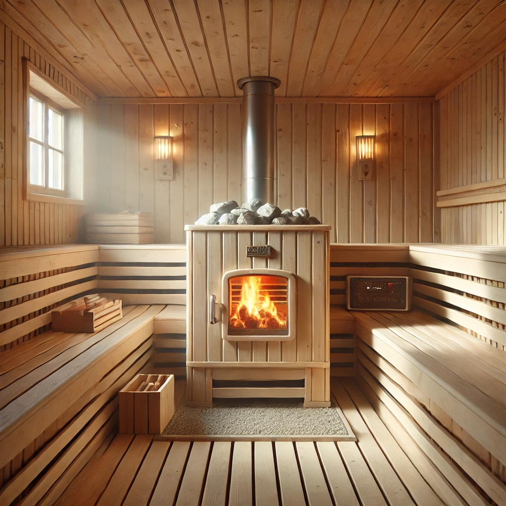 Sauna indefra med brændeovn og varme sauna-sten