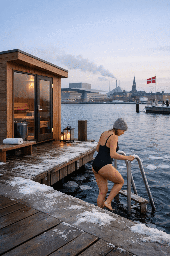 Sauna på kajkant ved iskoldt hav i København med dansk kvinde på vej i vandet efter sauna
